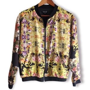 Topshop Iris Floral Bomber Jacket Women Size 6 Yellow Purple Zip-up Lightweight
